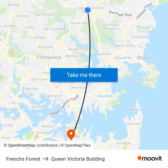 Frenchs Forest to Queen Victoria Building map