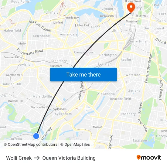 Wolli Creek to Queen Victoria Building map