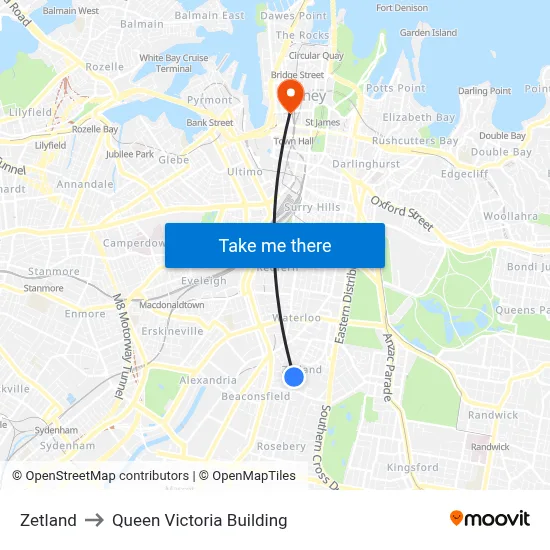 Zetland to Queen Victoria Building map
