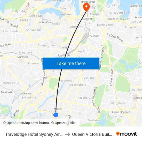 Travelodge Hotel Sydney Airport to Queen Victoria Building map