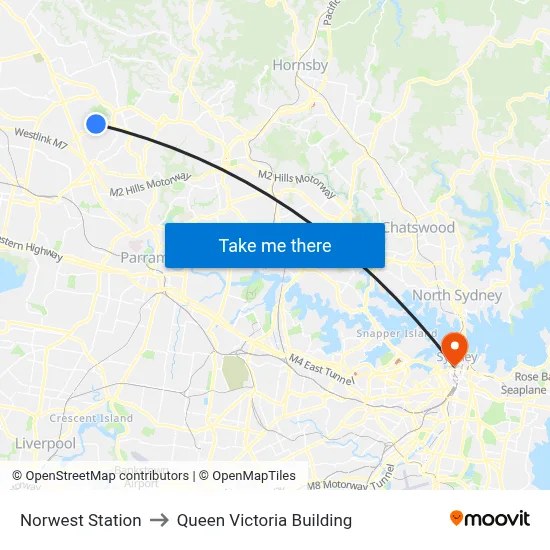 Norwest Station to Queen Victoria Building map