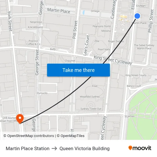 Martin Place Station to Queen Victoria Building map