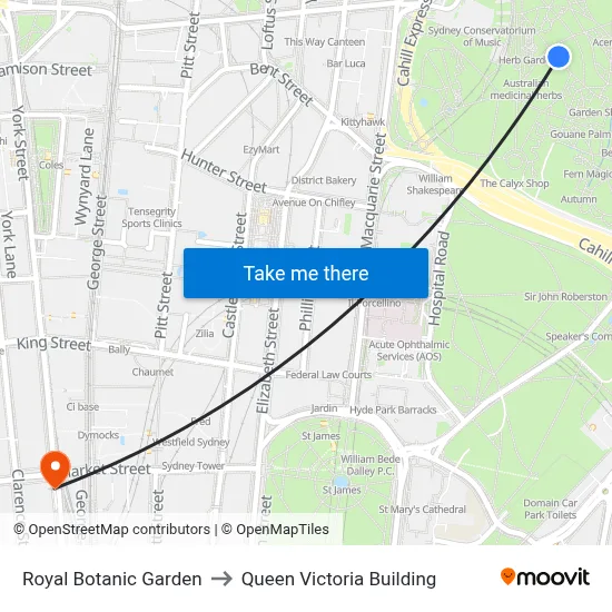 Royal Botanic Garden to Queen Victoria Building map
