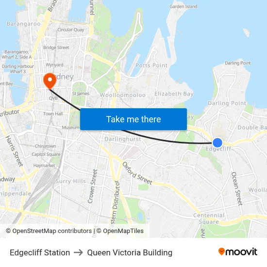Edgecliff Station to Queen Victoria Building map