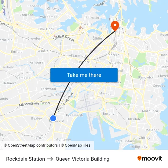 Rockdale Station to Queen Victoria Building map