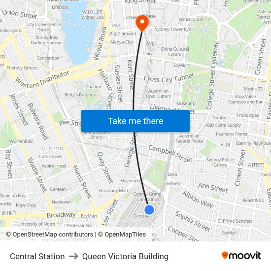 Central Station to Queen Victoria Building map
