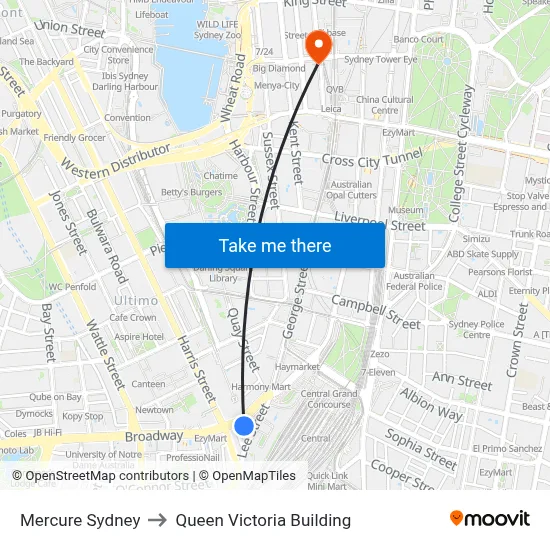 Mercure Sydney to Queen Victoria Building map