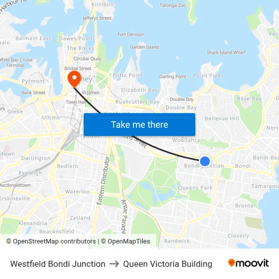 Westfield Bondi Junction to Queen Victoria Building map