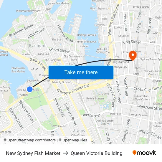 New Sydney Fish Market to Queen Victoria Building map
