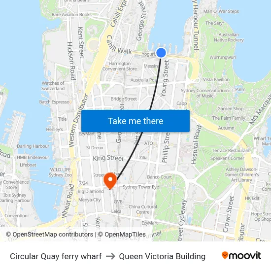 Circular Quay ferry wharf to Queen Victoria Building map
