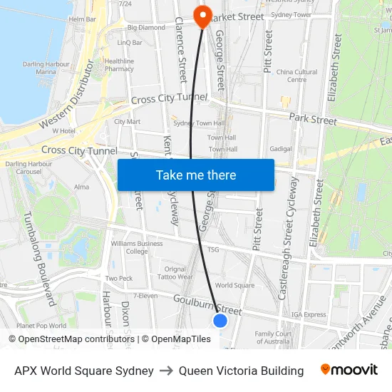 APX World Square Sydney to Queen Victoria Building map