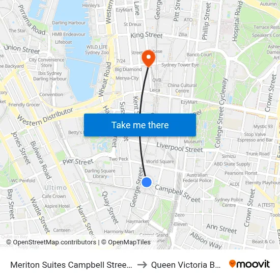 Meriton Suites Campbell Street Sydney to Queen Victoria Building map