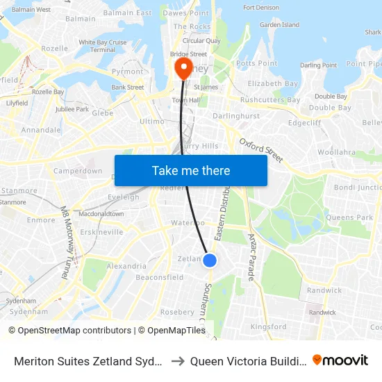 Meriton Suites Zetland Sydney to Queen Victoria Building map