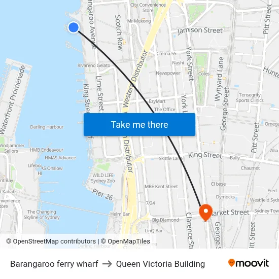 Barangaroo ferry wharf to Queen Victoria Building map