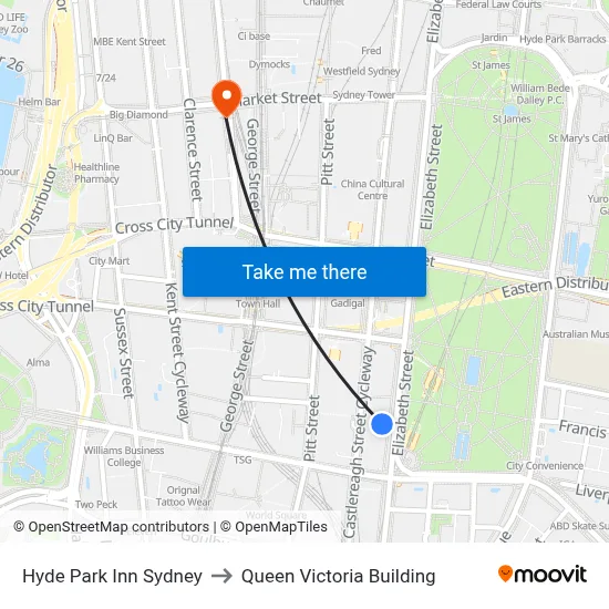 Hyde Park Inn Sydney to Queen Victoria Building map