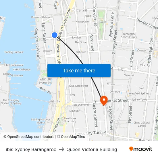 ibis Sydney Barangaroo to Queen Victoria Building map