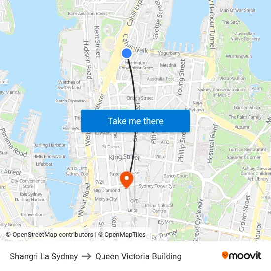 Shangri La Sydney to Queen Victoria Building map