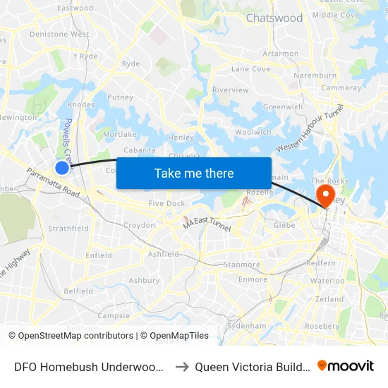 DFO Homebush Underwood Rd to Queen Victoria Building map
