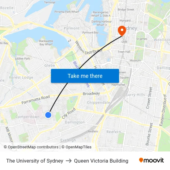 The University of Sydney to Queen Victoria Building map