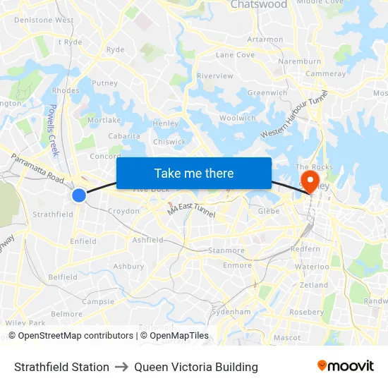 Strathfield Station to Queen Victoria Building map