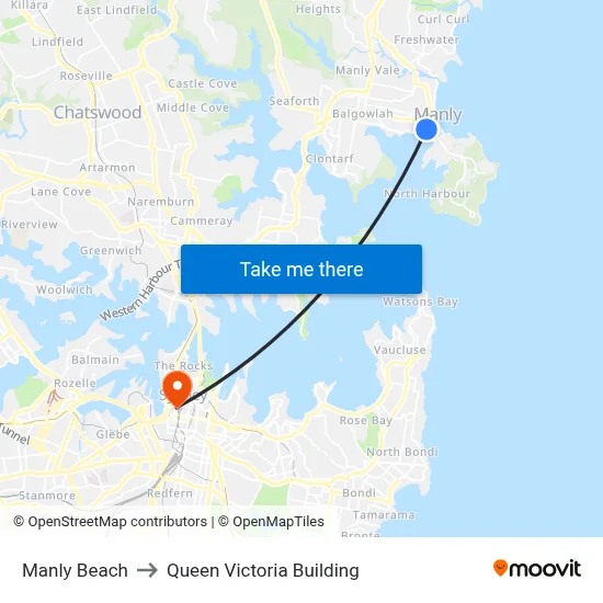 Manly Beach to Queen Victoria Building map