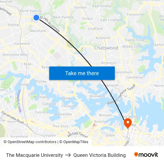 The Macquarie University to Queen Victoria Building map