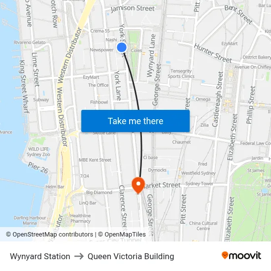 Wynyard Station to Queen Victoria Building map