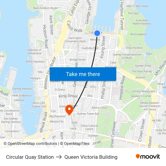 Circular Quay Station to Queen Victoria Building map