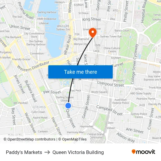 Paddy's Markets to Queen Victoria Building map