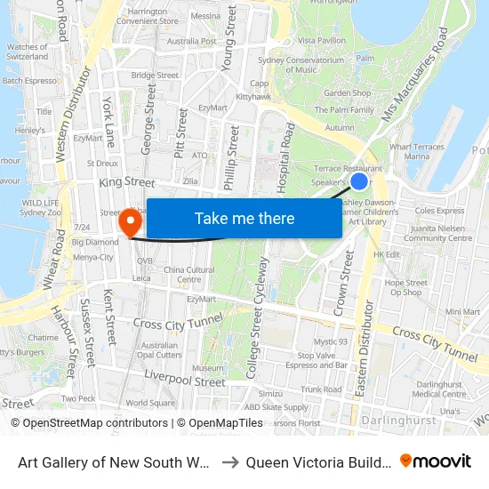 Art Gallery of New South Wales to Queen Victoria Building map
