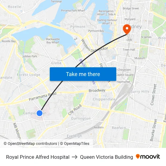 Royal Prince Alfred Hospital to Queen Victoria Building map