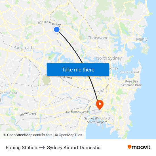 Epping Station to Sydney Airport Domestic map