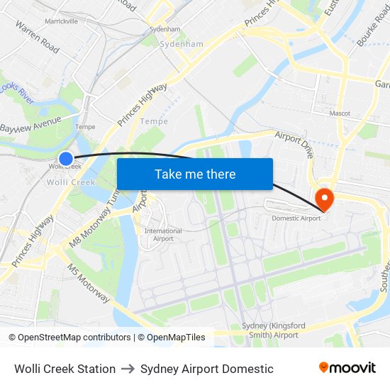 Wolli Creek Station to Sydney Airport Domestic map