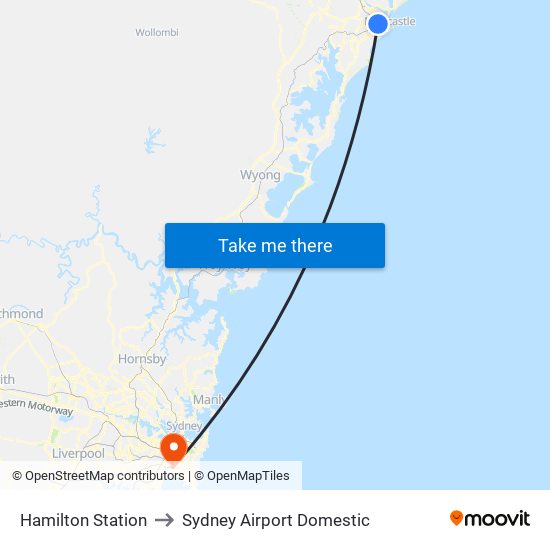 Hamilton Station to Sydney Airport Domestic map