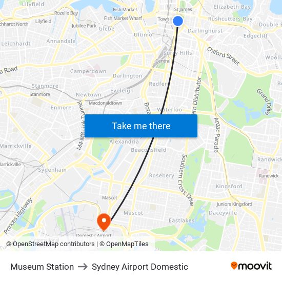 Museum Station to Sydney Airport Domestic map