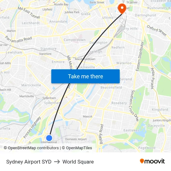Sydney Airport SYD to World Square map