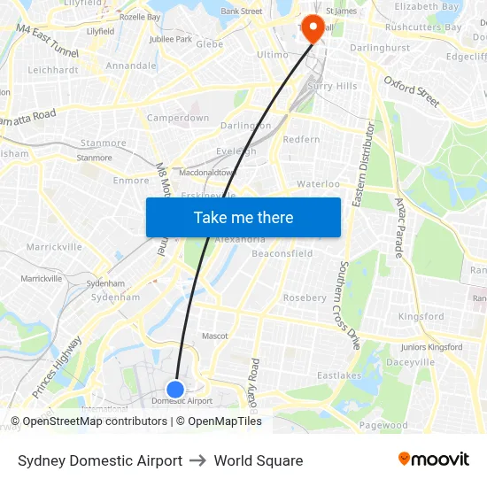 Sydney Domestic Airport to World Square map