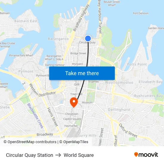Circular Quay Station to World Square map