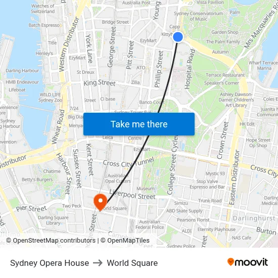 Sydney Opera House to World Square map