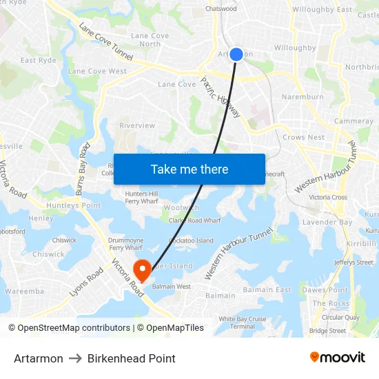 Artarmon to Birkenhead Point map