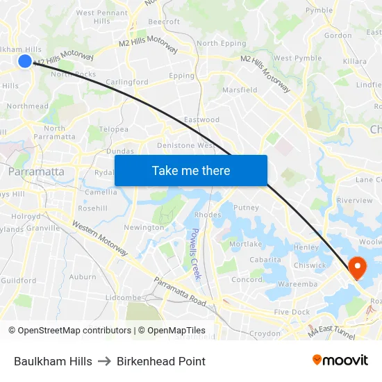 Baulkham Hills to Birkenhead Point map