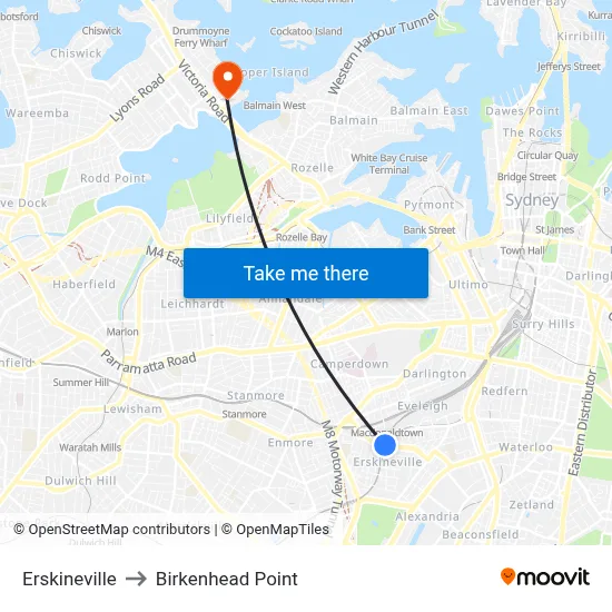 Erskineville to Birkenhead Point map