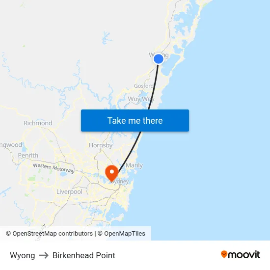 Wyong to Birkenhead Point map