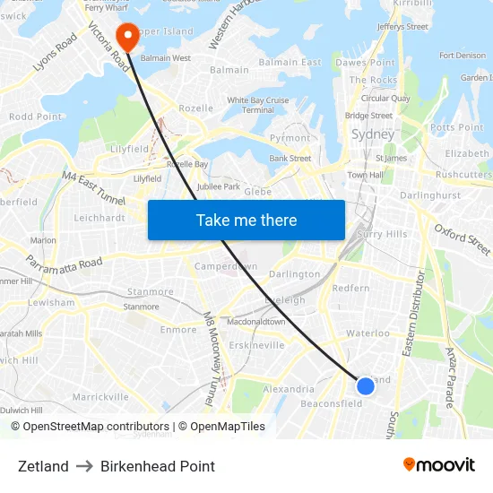 Zetland to Birkenhead Point map