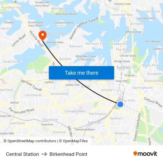 Central Station to Birkenhead Point map