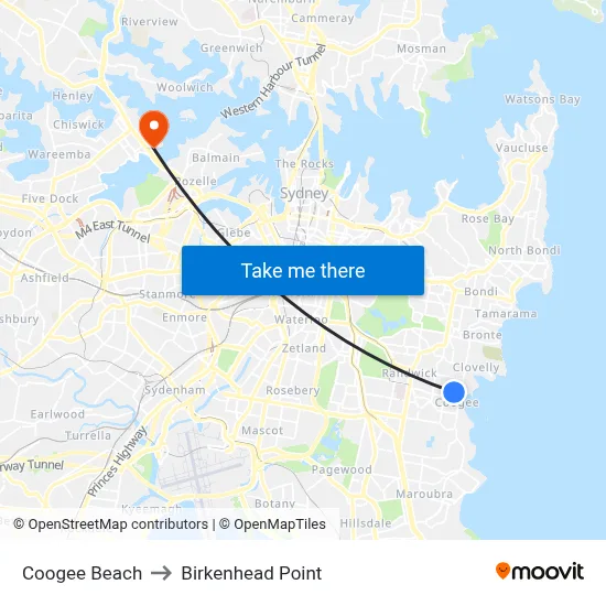 Coogee Beach to Birkenhead Point map
