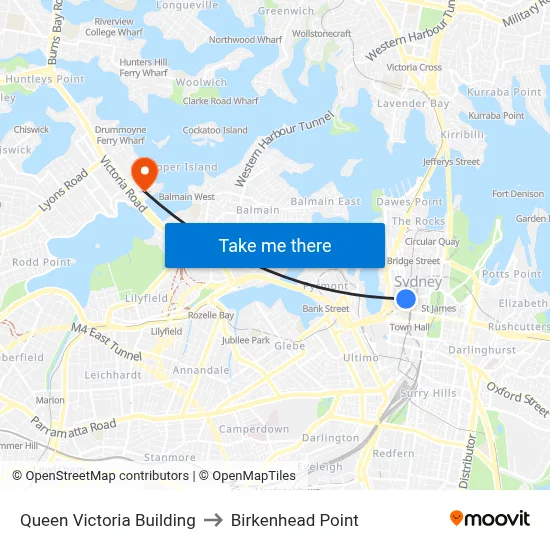 Queen Victoria Building to Birkenhead Point map