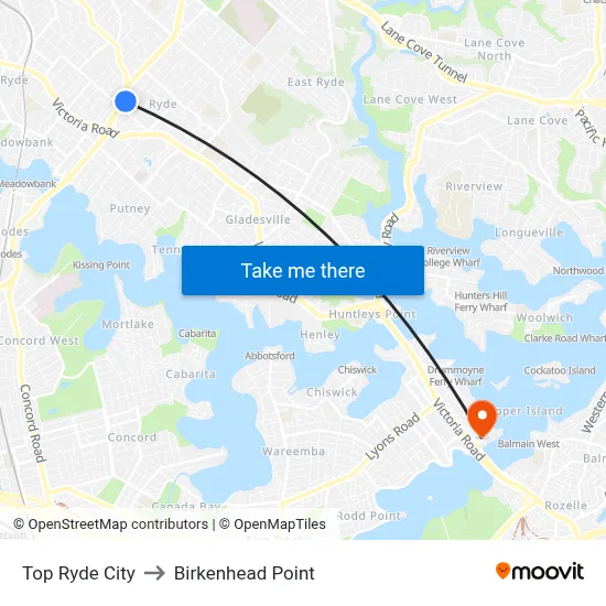 Top Ryde City to Birkenhead Point map