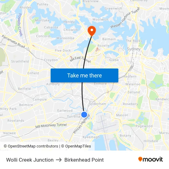 Wolli Creek Junction to Birkenhead Point map