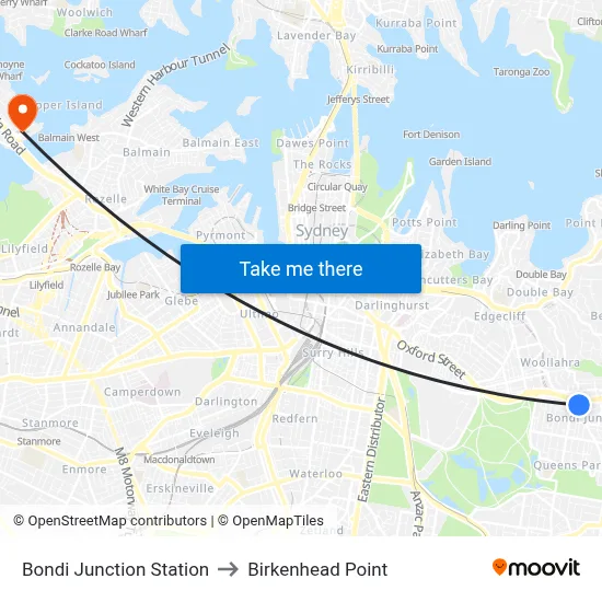 Bondi Junction Station to Birkenhead Point map